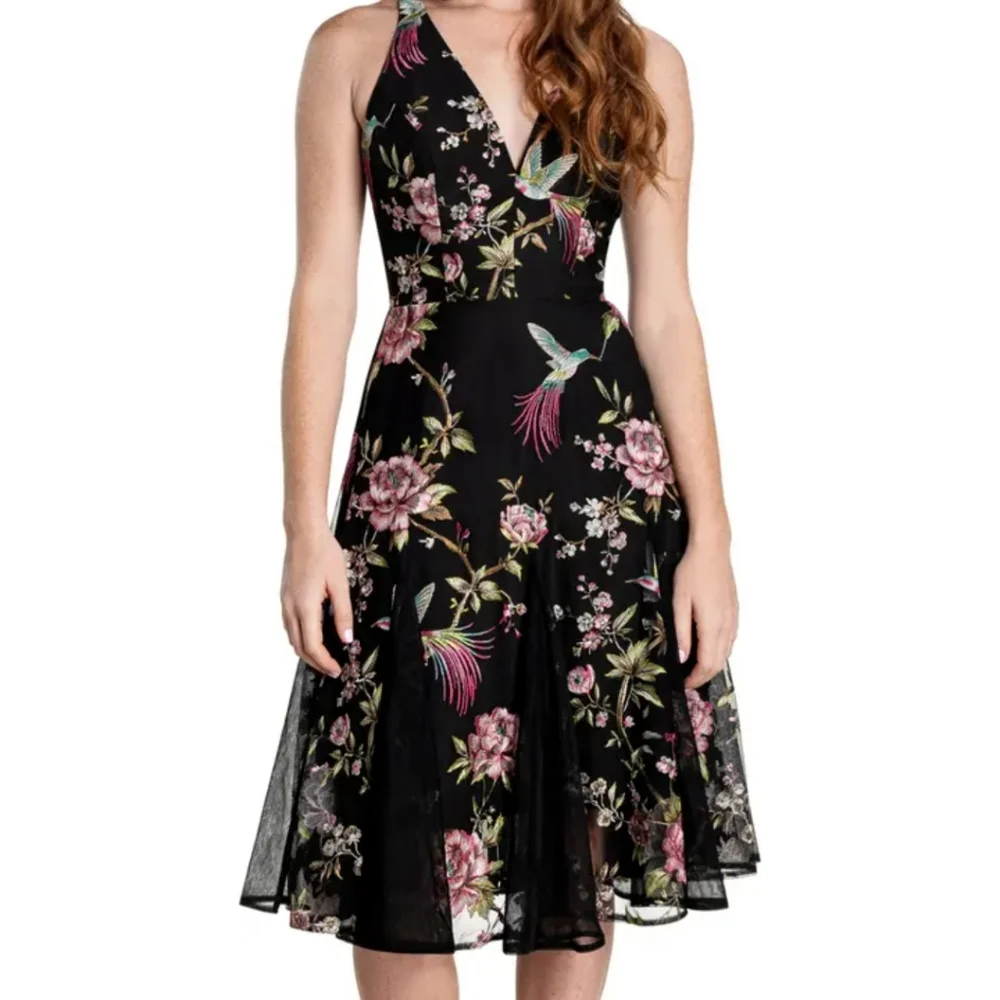 Dress the population halrow floral embr A-line dress L - Picture 2 of 8